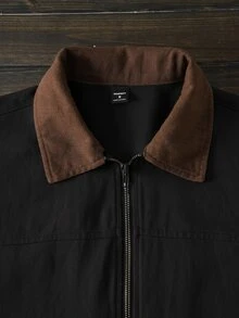 Manfinity RebelGame Men's Woven Slim Fit Color Block Patchwork Long Sleeve Casual Zip Shacket, Suitable For Autumn/Winter, Couple Things, Vacation, Father's Day Gifts, For Spring, Outdoor - Black - View 3
