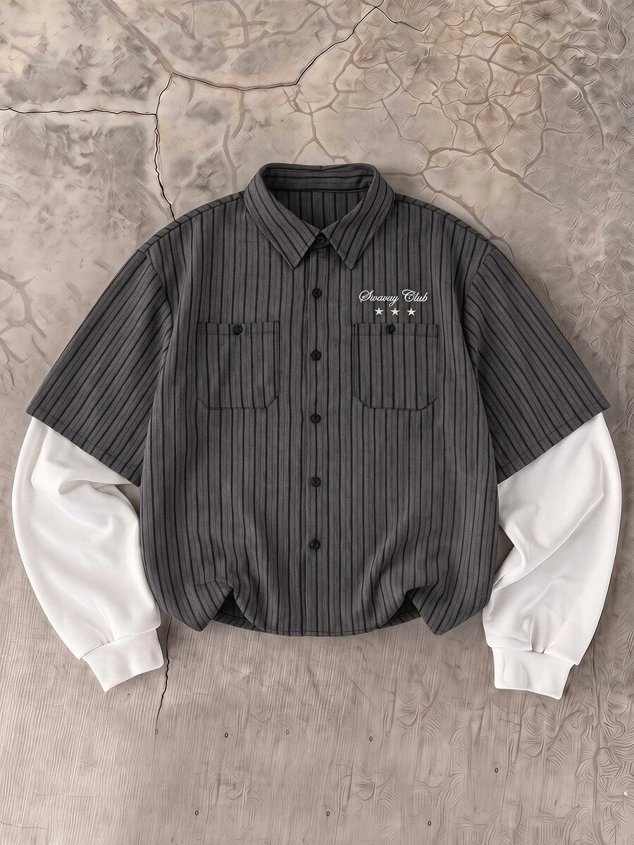 SWAVVY Men's Striped Colorblock Patchwork Long Sleeve Button-Up Shirt - Grey - View 1