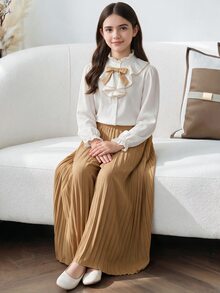 女童套裝 學術風 荷葉邊蝴蝶結立領長袖襯衫 壓褶寬腿長褲 親子款 校園冬季白色 - 白色 - 查看 1