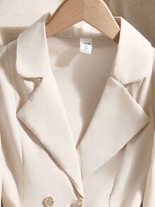 SHEIN Abrigo para niñas preadolescentes, ropa de otoño, blanco roto, manga larga, casual, lindo, estilo chica cool, cómodo, suave, elegante, versátil, cuello en V, botones, dobladillo plisado, chaqueta ajustada - Albaricoque - Ver 7