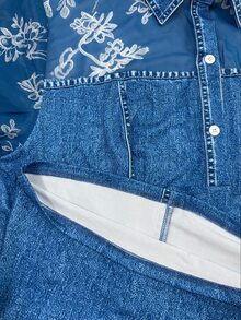 Linhara CURVE Vintage Patchwork Floral Long Sleeve Blouse For Women, Mesh Printed Sleeves Denim Texture Collar Top, Spring Autumn French Commuter Casual Party Versatile Shirt - Blue - View 3