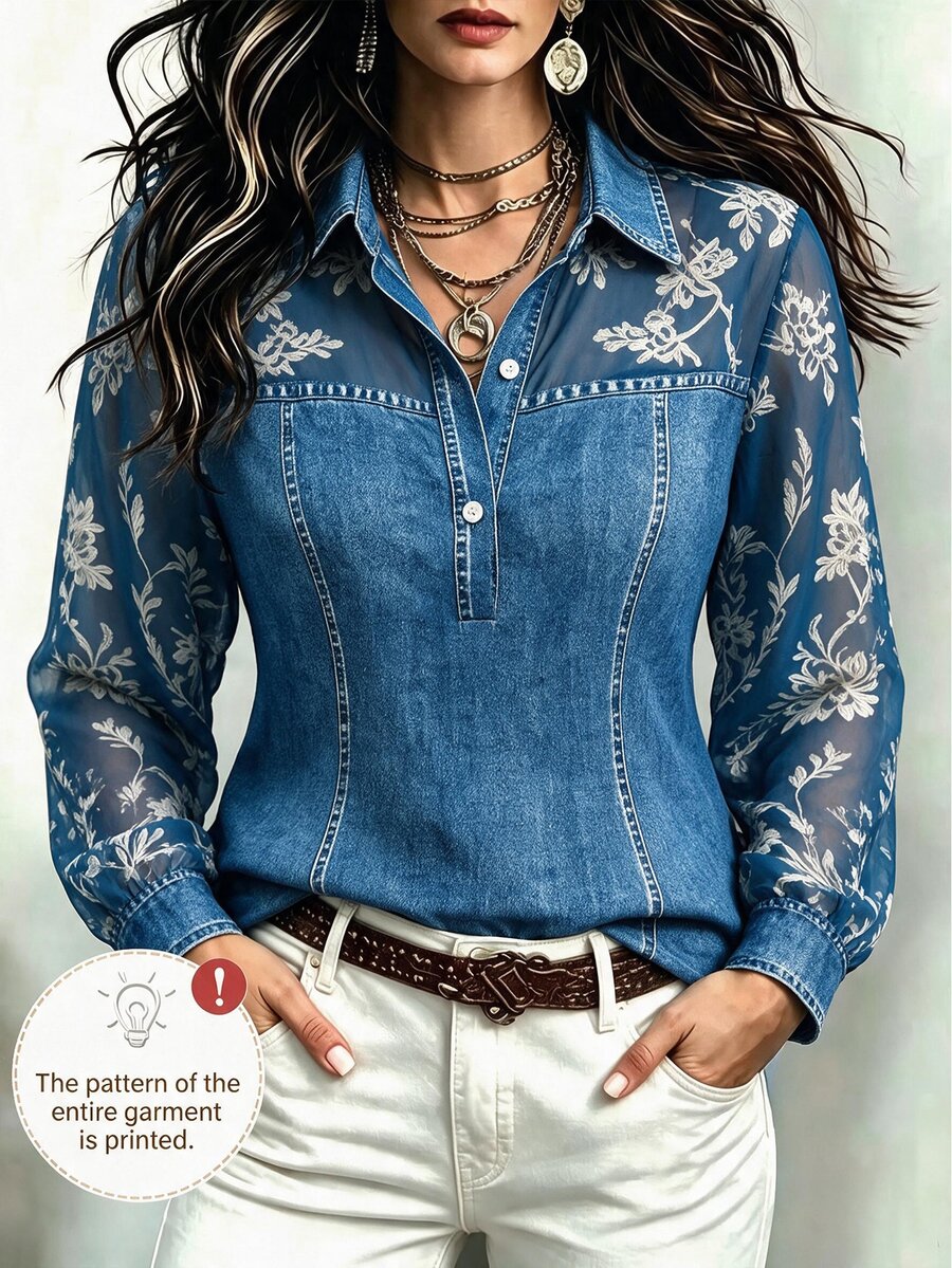Linhara CURVE Vintage Patchwork Floral Long Sleeve Blouse For Women, Mesh Printed Sleeves Denim Texture Collar Top, Spring Autumn French Commuter Casual Party Versatile Shirt - Blue - View 1