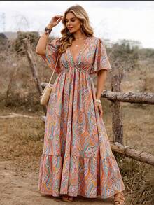 SHEIN Clasi Plus Size Polyester Women's Bohemian Boho Casual Style Orange Paisley Print Deep V-Neck Ruffle Sleeve Plus Size Hem Dress Vacation Formal Summer - Multicolor - View 1