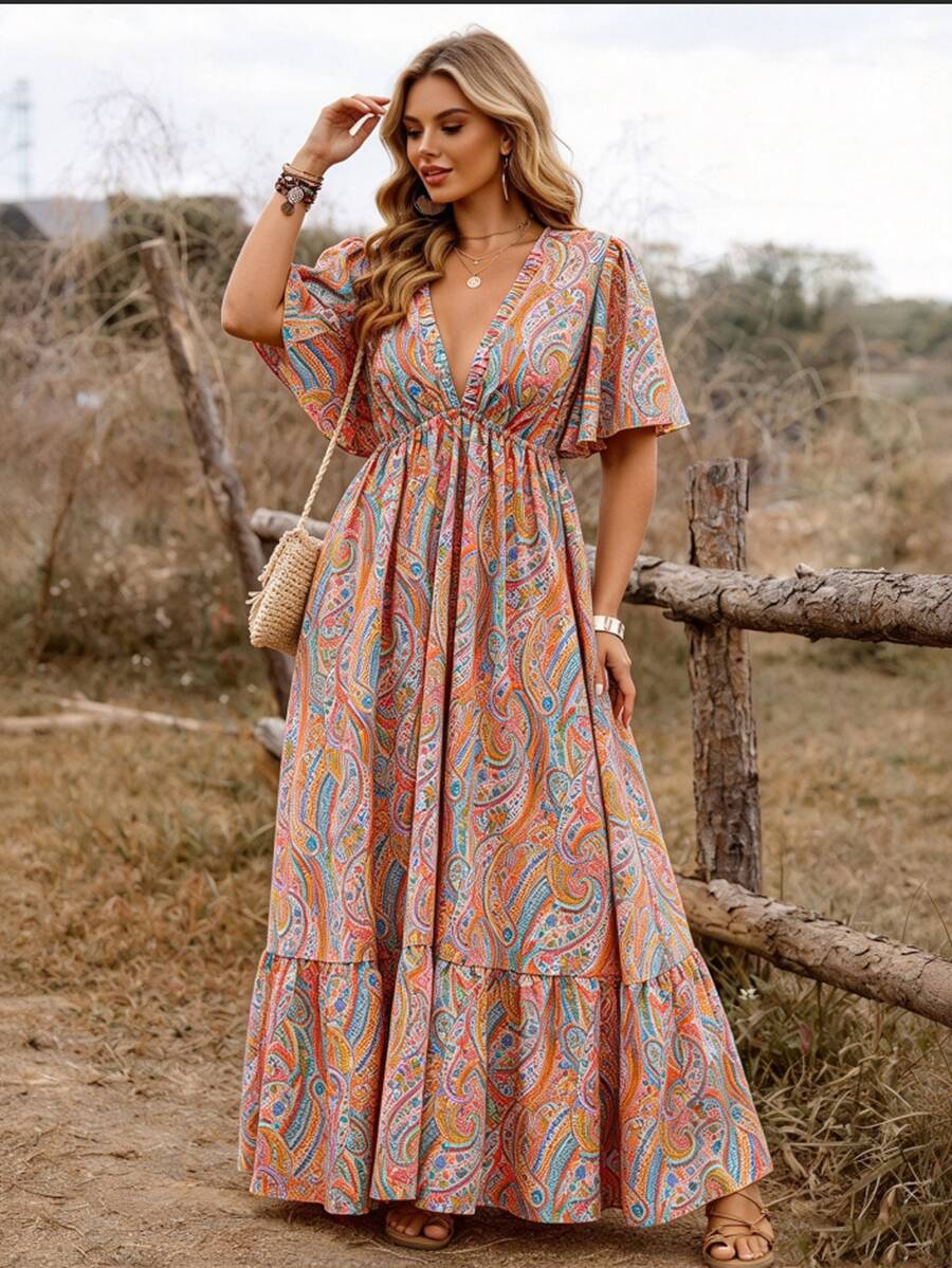 SHEIN Clasi Plus Size Polyester Women's Bohemian Boho Casual Style Orange Paisley Print Deep V-Neck Ruffle Sleeve Plus Size Hem Dress Vacation Formal Summer - Multicolor - View 1