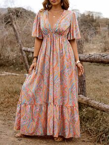 SHEIN Clasi Plus Size Polyester Women's Bohemian Boho Casual Style Orange Paisley Print Deep V-Neck Ruffle Sleeve Plus Size Hem Dress Vacation Formal Summer - Multicolor - View 4