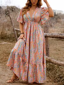 SHEIN Clasi Plus Size Polyester Women's Bohemian Boho Casual Style Orange Paisley Print Deep V-Neck Ruffle Sleeve Plus Size Hem Dress Vacation Formal Summer - Multicolor - View 5