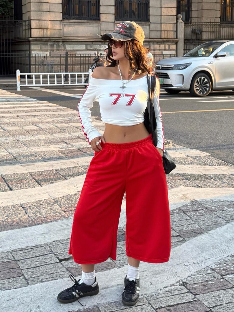 Coolane 女款秋季外出街頭風日常休閒運動風翻領長褲紅色毛衣短褲，適合健身、跑步、運動的休閒短褲
