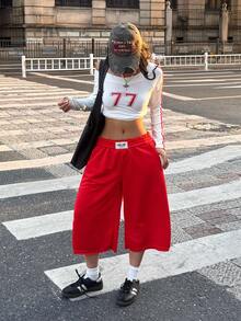 Coolane 女款秋季外出街頭風日常休閒運動風翻領長褲紅色毛衣短褲，適合健身、跑步、運動的休閒短褲 - 紅色 - 查看 6