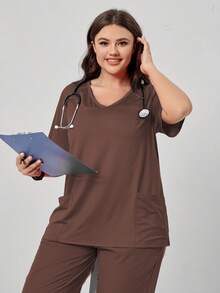 TaskEZ 僅1件大尺碼哺乳護理刷手服 純色V領短袖T恤，時尚夏季款 - 咖啡棕 - 查看 4