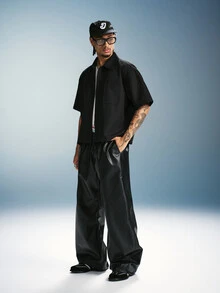 PAVTROS Men's Black Cropped Loose-Fit Short Sleeve ,Features A Dual-Pocket Design And Topstitching Details That Add A Stylish Touch-Perfect For Everyday Wear - Black - View 3