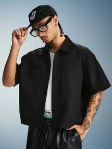 PAVTROS Men's Black Cropped Loose-Fit Short Sleeve ,Features A Dual-Pocket Design And Topstitching Details That Add A Stylish Touch-Perfect For Everyday Wear - Black - View 1