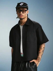PAVTROS Men's Black Cropped Loose-Fit Short Sleeve ,Features A Dual-Pocket Design And Topstitching Details That Add A Stylish Touch-Perfect For Everyday Wear - Black - View 4