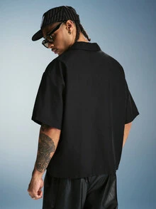 PAVTROS Men's Black Cropped Loose-Fit Short Sleeve ,Features A Dual-Pocket Design And Topstitching Details That Add A Stylish Touch-Perfect For Everyday Wear - Black - View 2