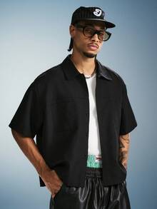 PAVTROS Men's Black Cropped Loose-Fit Short Sleeve ,Features A Dual-Pocket Design And Topstitching Details That Add A Stylish Touch-Perfect For Everyday Wear - Black - View 5