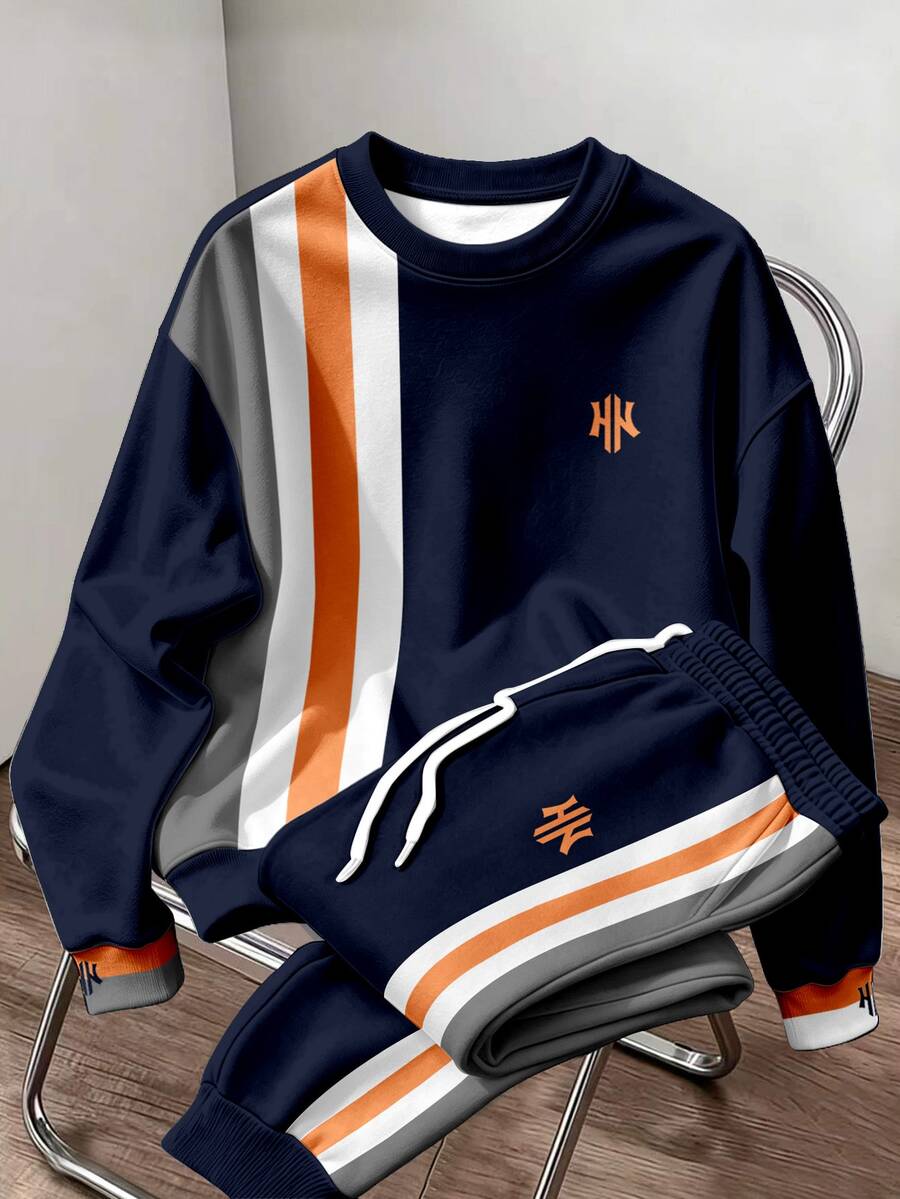 Lornexis Men's Letter Print Contrast Color Long Sleeve Pullover Sweatshirt And Sweatpants Set - Multicolor - View 1