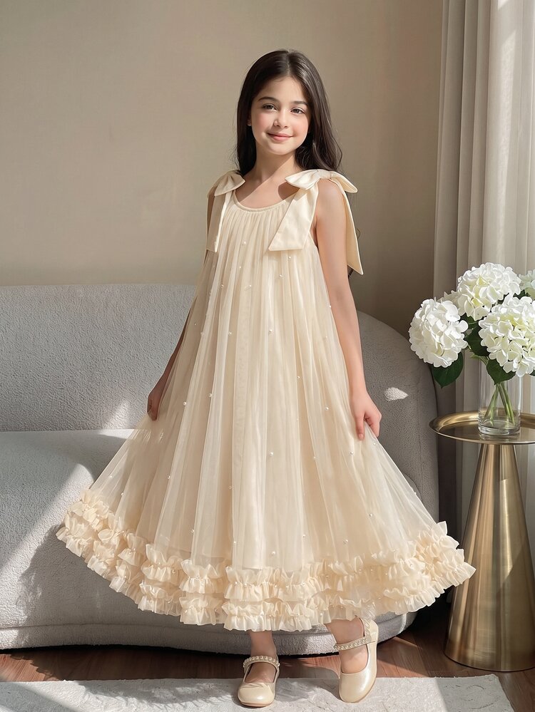 SHEIN Tween Girls Elegant Cute Fashion Ruffle Trim Pearl Decor Mesh Mini Dress Graduation Outfit Wedding Birthday Flower Girl Party White Summer - Apricot - View 2