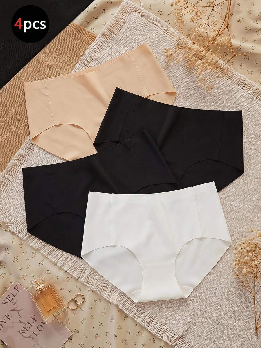 SHEIN 4pcs/Set Tween Girls Underwear, Ice Silk Seamless Skin-Friendly, Classic Black, White, Beige, All Season Fall Modest Cute - Multicolor - View 1