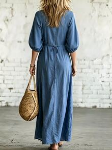 SHEIN Holidaya 休閒度假風柔軟紋理垂墜面料寬鬆女款洋裝，方領泡泡短袖洋裝，夏季度假洋裝，寬鬆綁腰洋裝，沙灘洋裝，女款休閒洋裝，夏季女裝，休閒女裝，夏季度假穿搭 - 中等水洗藍 - 查看 2