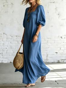 SHEIN Holidaya 休閒度假風柔軟紋理垂墜面料寬鬆女款洋裝，方領泡泡短袖洋裝，夏季度假洋裝，寬鬆綁腰洋裝，沙灘洋裝，女款休閒洋裝，夏季女裝，休閒女裝，夏季度假穿搭 - 中等水洗藍 - 查看 6