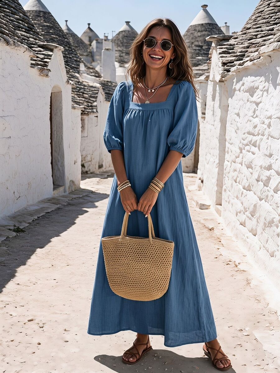 SHEIN Holidaya 休閒度假風柔軟紋理垂墜面料寬鬆女款洋裝，方領泡泡短袖洋裝，夏季度假洋裝，寬鬆綁腰洋裝，沙灘洋裝，女款休閒洋裝，夏季女裝，休閒女裝，夏季度假穿搭 - 中等水洗藍 - 查看 1
