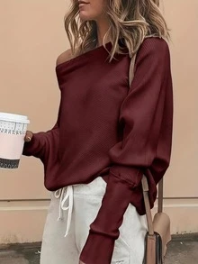 Breezaya 女款純色羅紋蝙蝠袖長袖休閒T恤 早午餐波爾多紅 秋冬款 - 酒紅色 - 查看 4