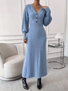 Breezaya Women's Solid Color Elegant V-Neck Fitted Sweater Dress - Blue - View 6