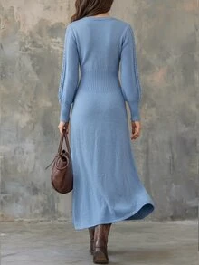 Breezaya Women's Solid Color Elegant V-Neck Fitted Sweater Dress - Blue - View 2