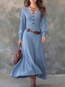 Breezaya Women's Solid Color Elegant V-Neck Fitted Sweater Dress - Blue - View 3