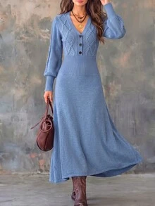 Breezaya Women's Solid Color Elegant V-Neck Fitted Sweater Dress - Blue - View 4