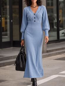 Breezaya Women's Solid Color Elegant V-Neck Fitted Sweater Dress - Blue - View 5