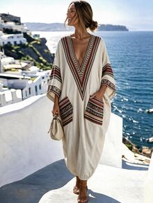 SHEIN Holidaya 法式復古慵懶編織深V領長袖寬鬆女款連身褲，夏季優雅女裝，夏季穿搭，海灘穿搭，海灘連身褲，度假女裝，度假連身褲，鄉村風女裝，鄉村風，夏季新款女款連身褲 - 駝色 - 查看 2