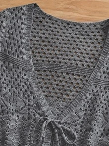 Breezaya 2024 New Women Spring/Autumn Casual Hollow-Out Knit Tie-Front Cardigan - Dark Grey - View 4