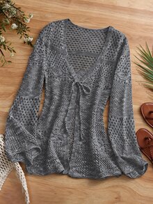 Breezaya 2024 New Women Spring/Autumn Casual Hollow-Out Knit Tie-Front Cardigan - Dark Grey - View 3