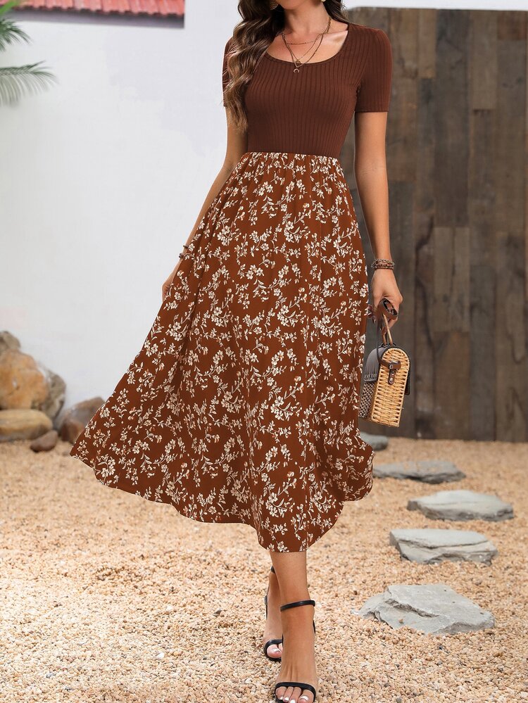 Breezaya Women's Holiday Floral Patchwork Print Square Collar Short Sleeve Dress Maxi Women Outfit - Brown - View 4