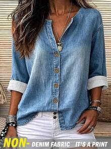 Breezaya [Denim Effect] Women's Denim Effect Print Drop Shoulder Long Sleeve Single-Breasted Casual Shirt - Blue - View 3