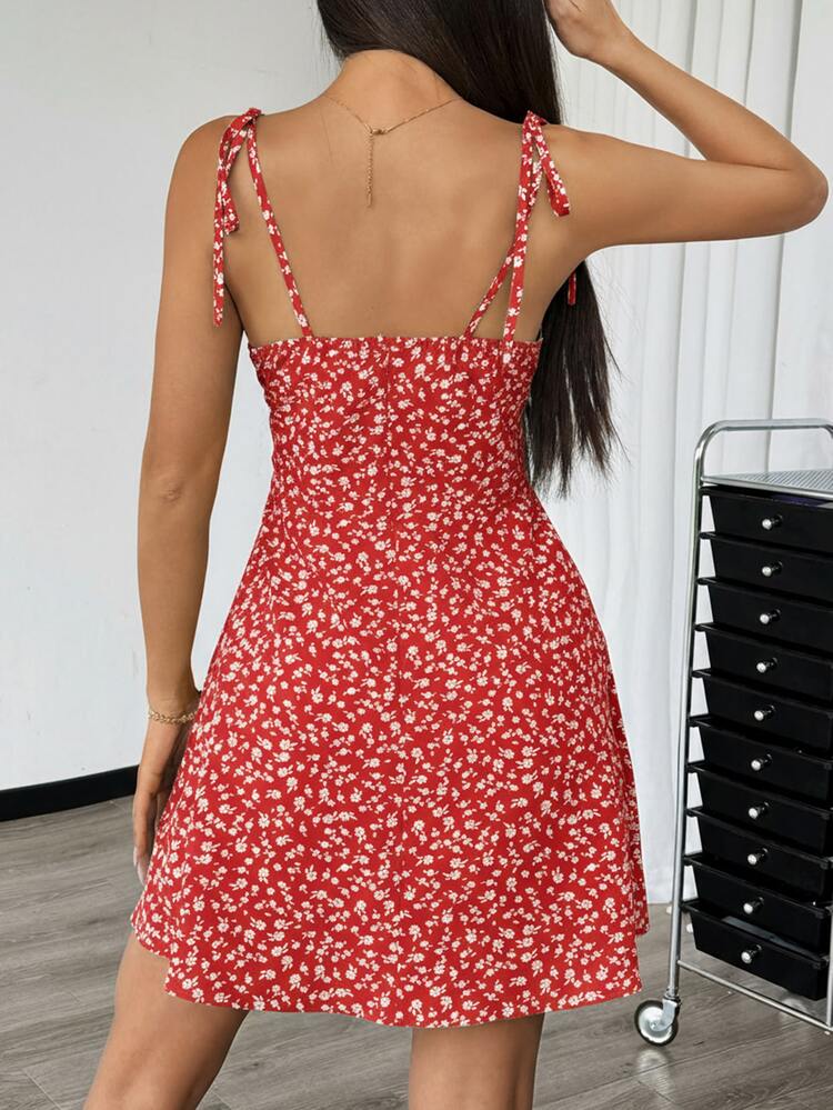 Breezaya Women's Spaghetti Strap Tie-Up Ditsy Floral Mini Dress - Red - View 2
