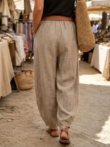 SHEIN LUNE 2026新款秋冬歐美復古純棉收口哈倫褲女款，彈性高腰大貼袋，寬鬆休閒錐形褲，水洗亞麻度假風，慵懶顯瘦修身長褲，適合戶外與通勤 - 卡其色 - 查看 3