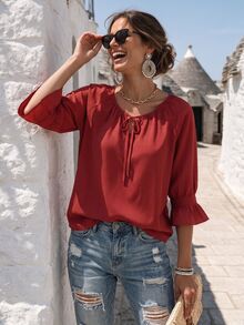 Breezaya Women's Casual Versatile Striped Tie-Front Top For Business Office - Red - View 1