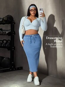 SHEIN Essnce تنورة جينز زرقاء فاتحة للارتداء اليومي مع جيوب برباط سحب لأسلوب الشارع الشتوي - أزرق فاتح - مشاهدة 11