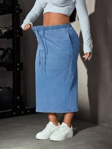 SHEIN Essnce تنورة جينز زرقاء فاتحة للارتداء اليومي مع جيوب برباط سحب لأسلوب الشارع الشتوي - أزرق فاتح - مشاهدة 8