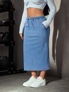 SHEIN Essnce تنورة جينز زرقاء فاتحة للارتداء اليومي مع جيوب برباط سحب لأسلوب الشارع الشتوي - أزرق فاتح - مشاهدة 5