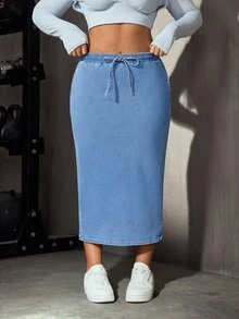 SHEIN Essnce تنورة جينز زرقاء فاتحة للارتداء اليومي مع جيوب برباط سحب لأسلوب الشارع الشتوي - أزرق فاتح - مشاهدة 4