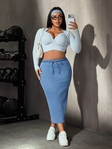 SHEIN Essnce تنورة جينز زرقاء فاتحة للارتداء اليومي مع جيوب برباط سحب لأسلوب الشارع الشتوي - أزرق فاتح - مشاهدة 9