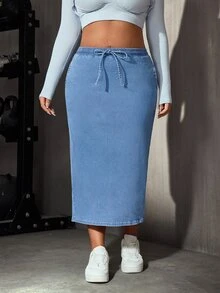 SHEIN Essnce تنورة جينز زرقاء فاتحة للارتداء اليومي مع جيوب برباط سحب لأسلوب الشارع الشتوي - أزرق فاتح - مشاهدة 7