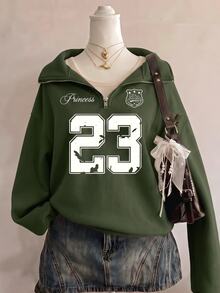 SHEIN 青少年女孩抓絨秋季服飾 休閒 #23 圖案寬鬆大號衛衣 保暖 秋冬穿搭 舒適 日常 長袖 寬鬆 - 軍綠色 - 查看 1