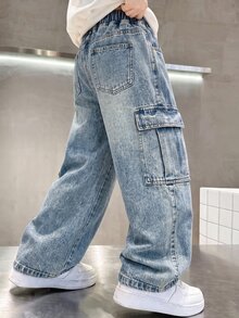 青少年男孩時尚復古藍色抽繩口袋設計寬鬆舒適工裝牛仔褲 - 藍色 - 查看 2
