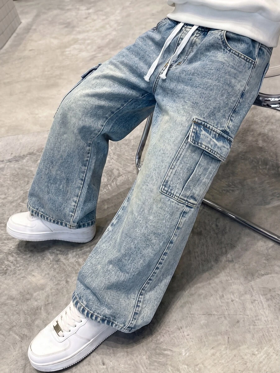 青少年男孩時尚復古藍色抽繩口袋設計寬鬆舒適工裝牛仔褲 - 藍色 - 查看 1