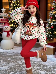 Christmas Girls Cute Kawaii Polka Dot Snowflake Bow Deer Pattern Crew Neck Sweatshirt & Leggings Set Fall Outfits - Multicolor - View 3