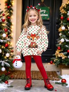 Christmas Girls Cute Kawaii Polka Dot Snowflake Bow Deer Pattern Crew Neck Sweatshirt & Leggings Set Fall Outfits - Multicolor - View 1