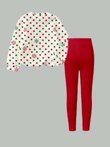 Christmas Girls Cute Kawaii Polka Dot Snowflake Bow Deer Pattern Crew Neck Sweatshirt & Leggings Set Fall Outfits - Multicolor - View 2
